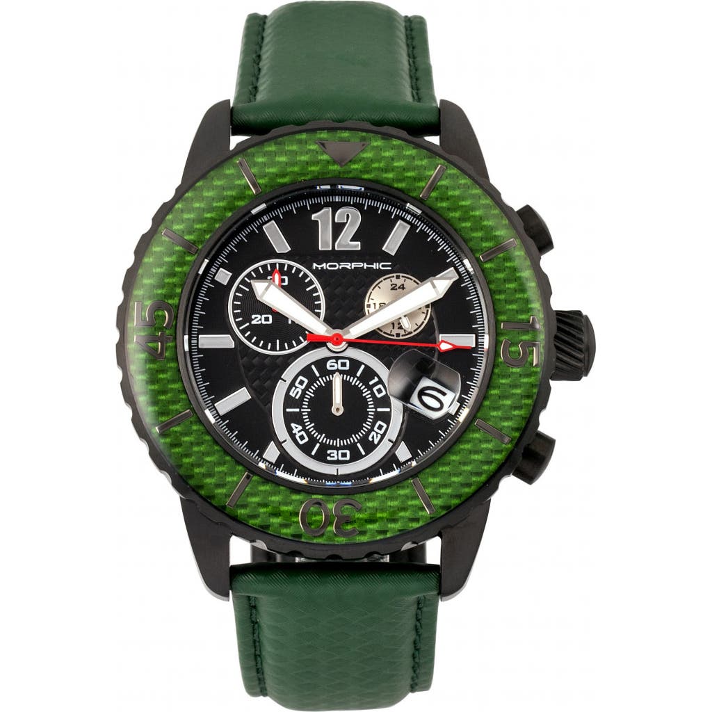 Morphic M51 Series Chronograph Leather-band Watch W/date In Black/green