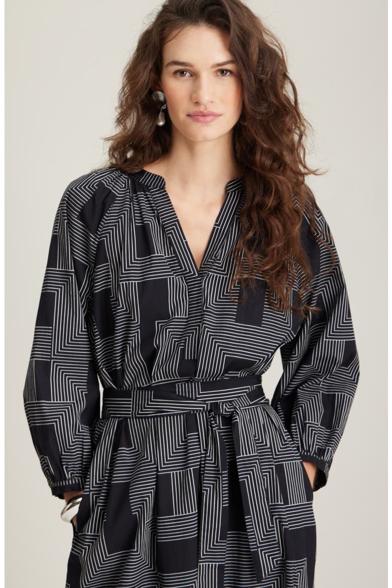 Long Sleeve Belted Cotton Poplin Maxi Dress, Alternate, color, BLACK- IVORY STRIPE MIX