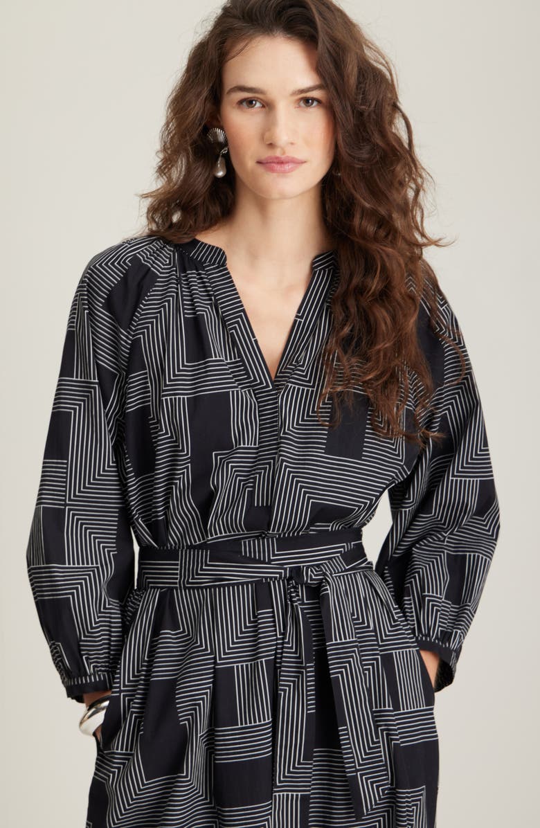 Nordstrom Long Sleeve Belted Cotton Poplin Maxi Dress, Alternate, color, Black- Ivory Stripe Mix