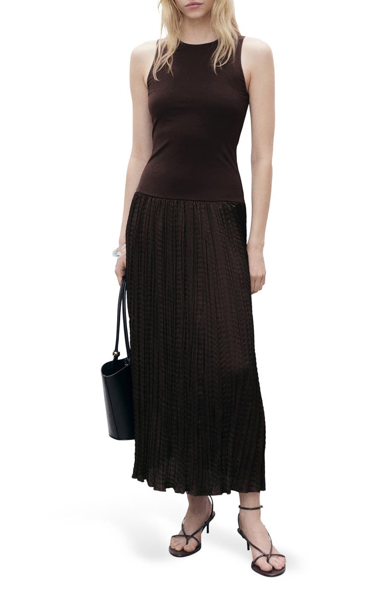 MANGO Mixed Media Sleeveless Dress, Main, color, Brown