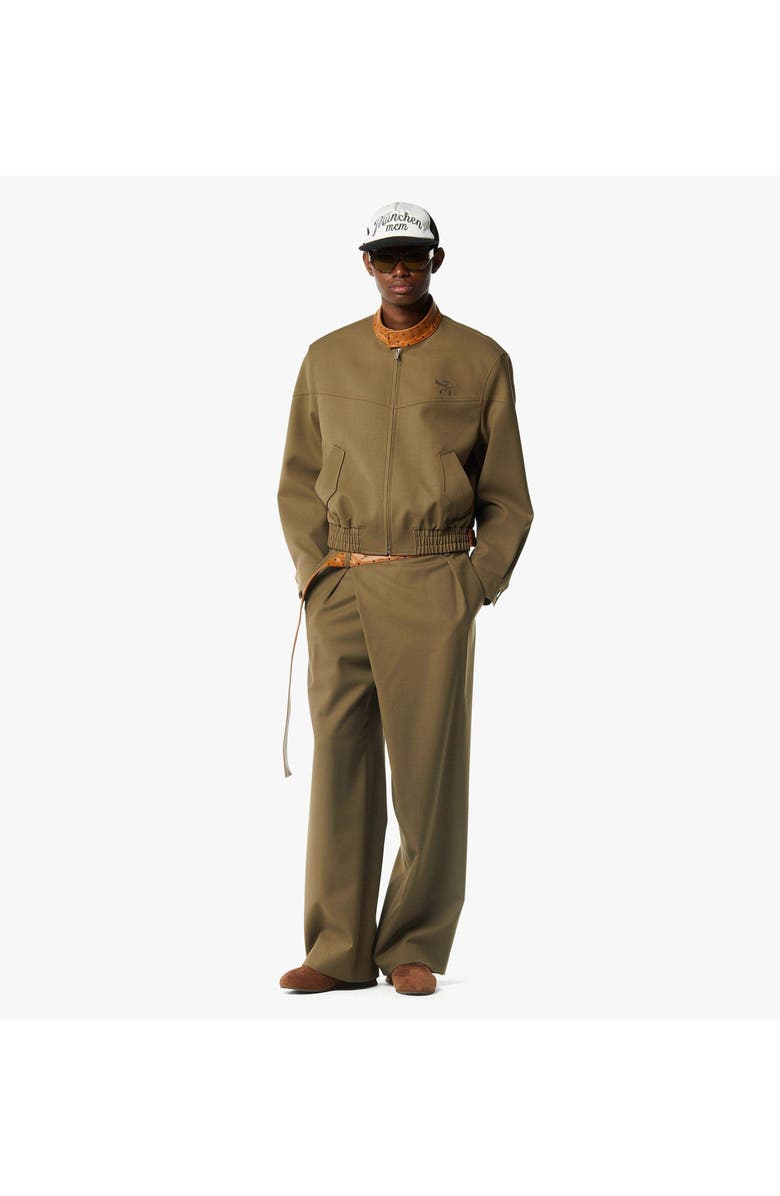 MCM Jacket in Wool Twill and Monogram Print Leather, Alternate, color, Khaki