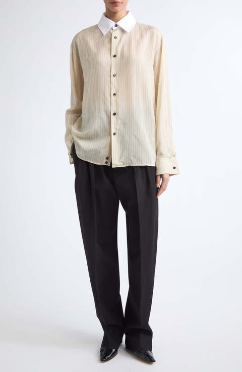 Contrast Collar Stripe Button-Up Shirt