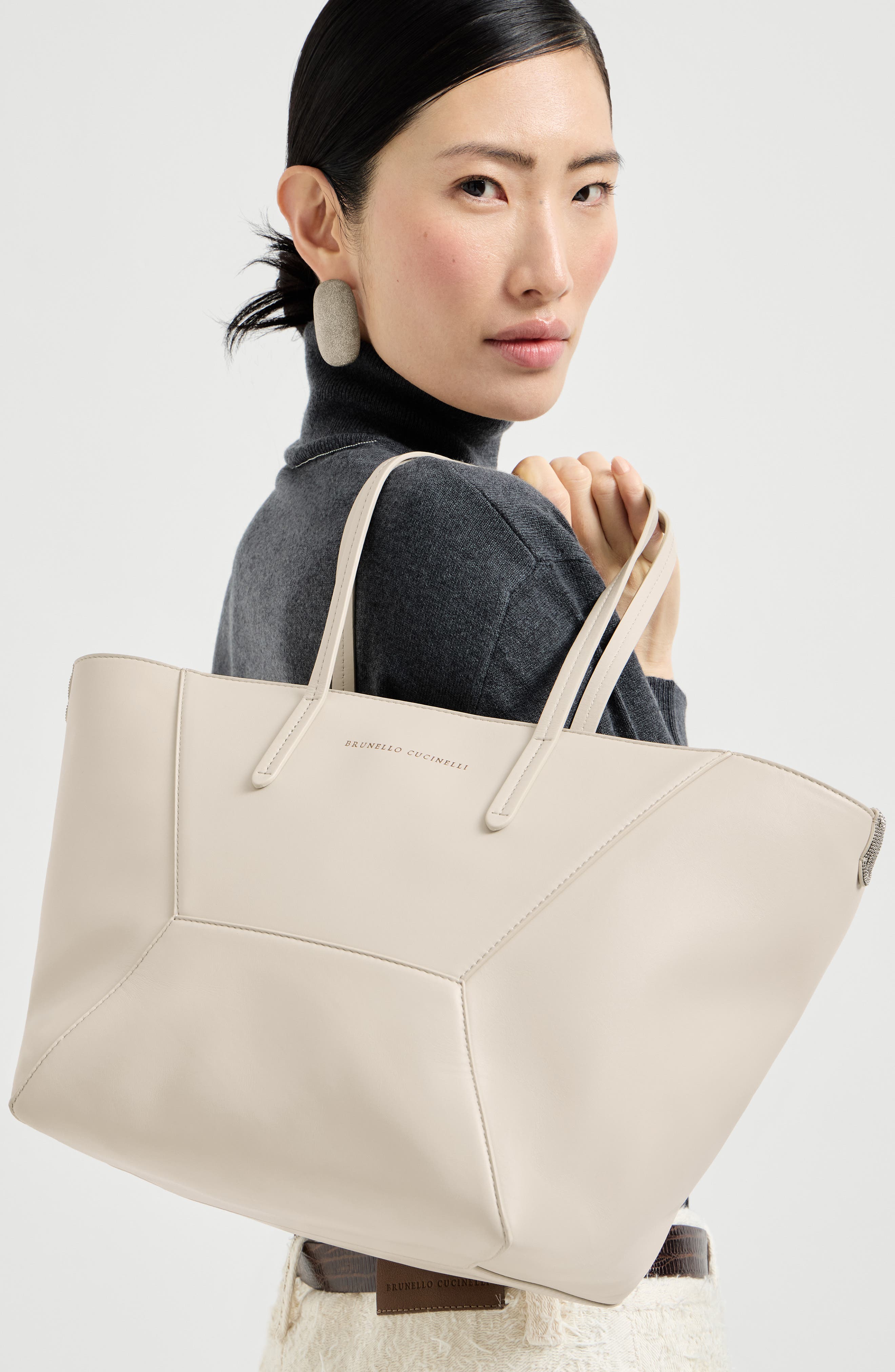 Brunello Cucinelli Calfskin small BC Duo bag, Alternate, color, Ivory