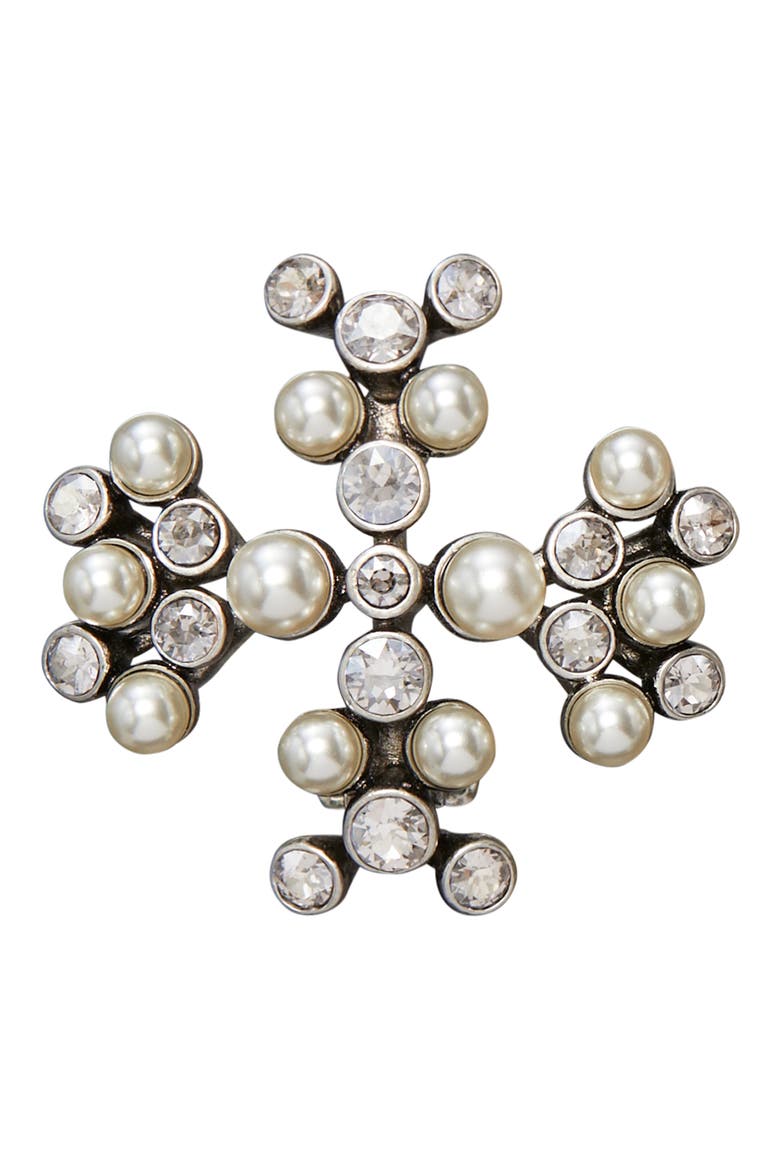 Moondance Glass Pearl & Crystal Clip-On Earrings, Alternate, color, TORY SILVER / CREAM / CRYSTAL