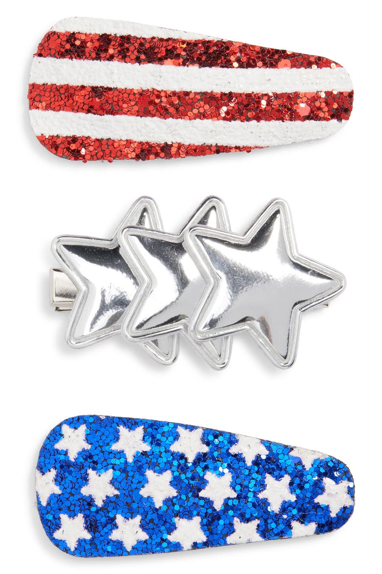 Kids' 3-Pack Assorted Stars & Stripes Hair Clips Set, Main, color, BLUE / RED GLITTER