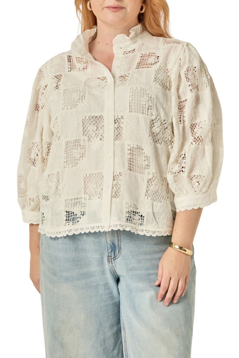 Embroidered Ruffle Button Shirt, Main, color, WHITE
