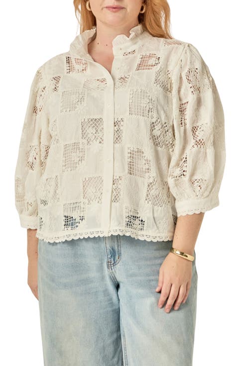 Embroidered Ruffle Button Shirt