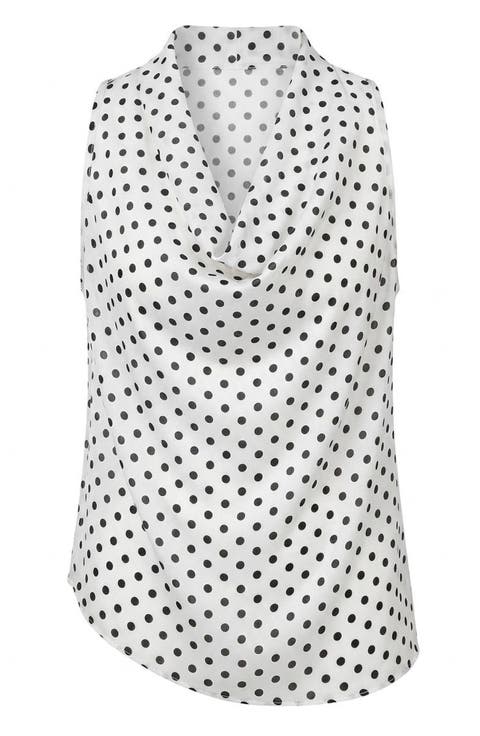 Sleeveless Polka Dot Drape Neck Waist Tie Blouse