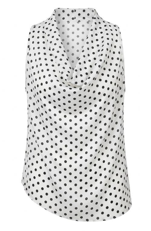 Modenaire Sleeveless Polka Dot Drape Neck Waist Tie Blouse in White at Nordstrom, Size Medium
