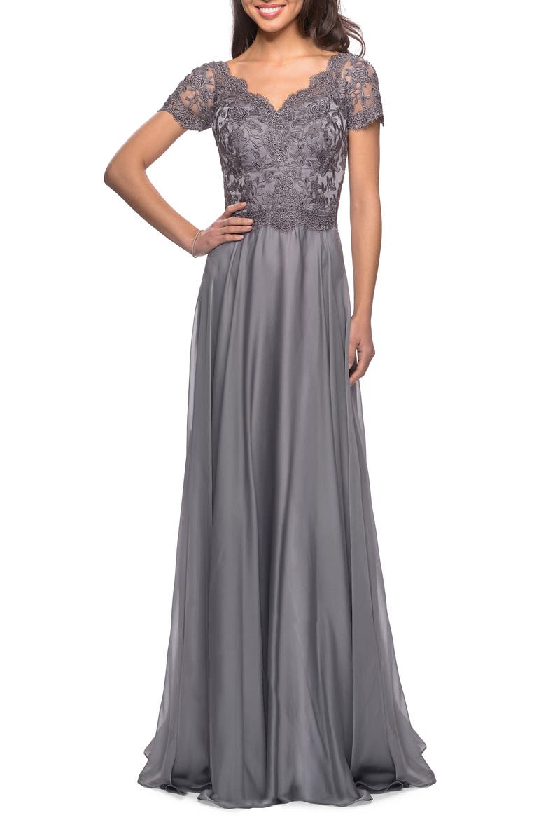 Embroidered Lace & Chiffon A-Line Gown, Main, color, PLATINUM