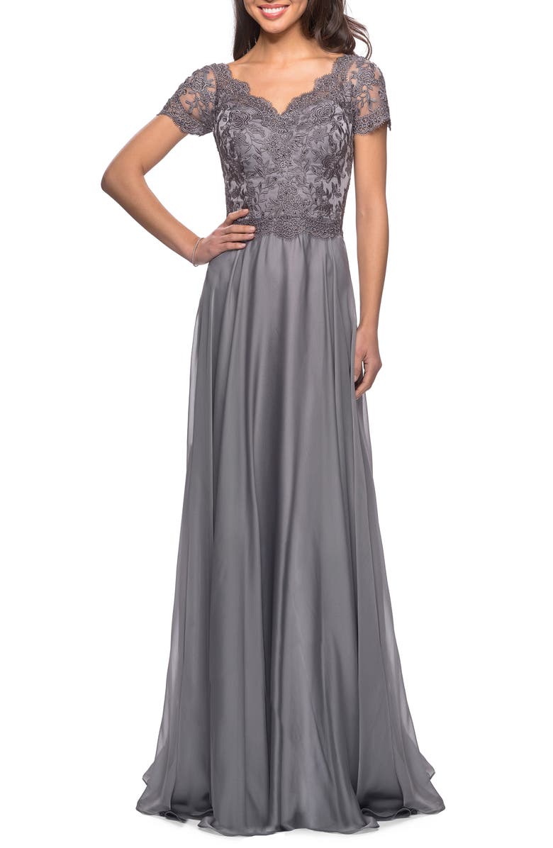 La Femme Embroidered Lace & Chiffon A-Line Gown, Main, color,