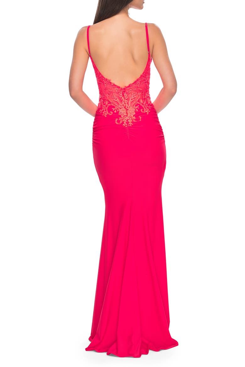 Illusion Lace V-Neck Top with Jersey Skirt Dress, Alternate, color, Hot Coral