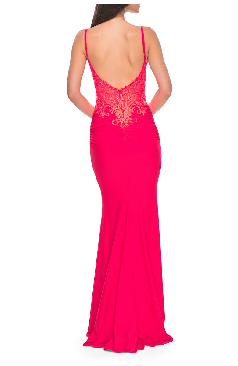 La Femme Illusion Lace V-Neck Top with Jersey Skirt Dress, Alternate, color, Hot Coral