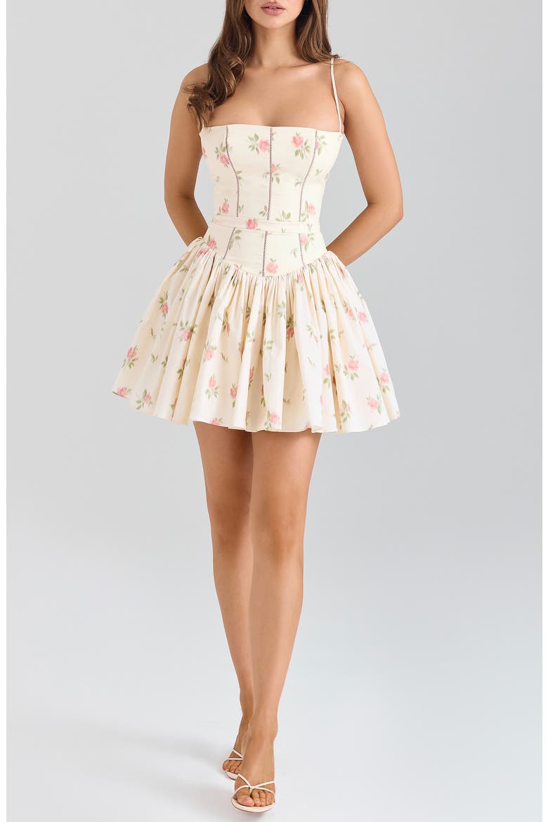 Ysabella Floral Print Minidress, Main, color, WHITE ROSE PRINT