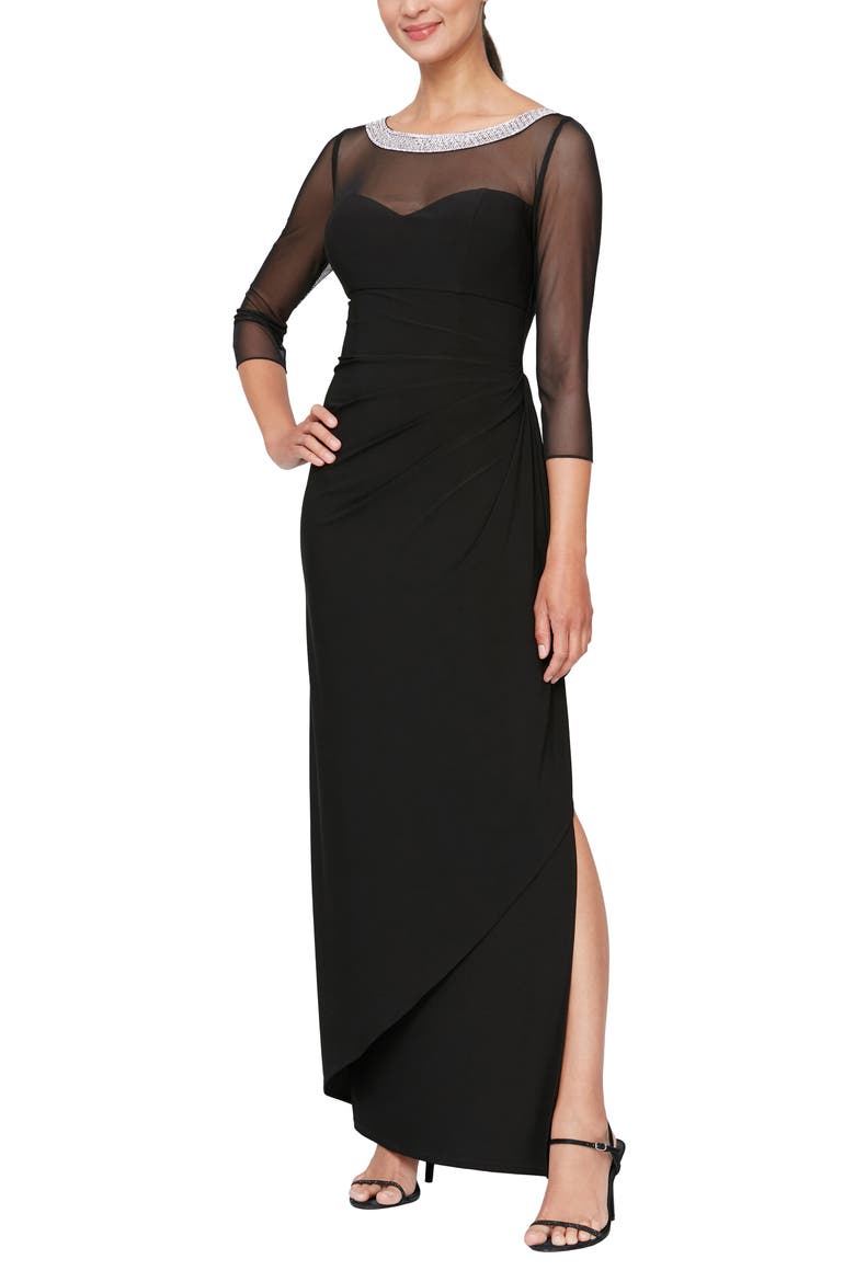 Illusion Sleeve Side Ruched Gown, Main, color, BLACK