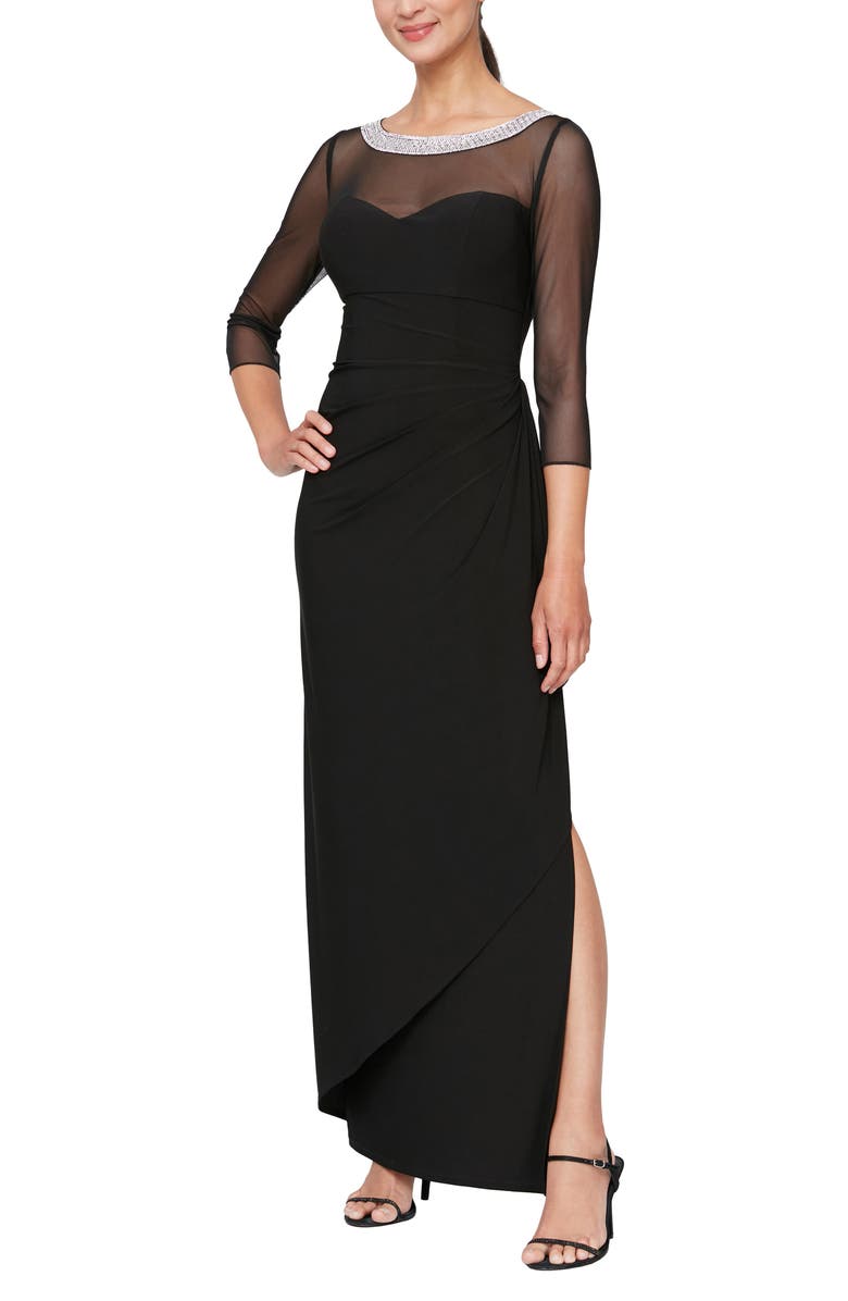 Alex Evenings Illusion Sleeve Side Ruched Gown, Main, color, Black