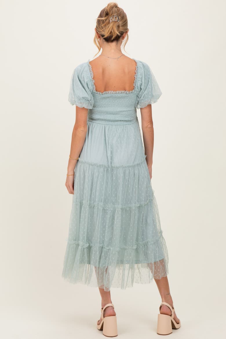 Pink Tulle Tulle Puff Sleeve Smocked Midi Dress, Alternate, color, Light Olive