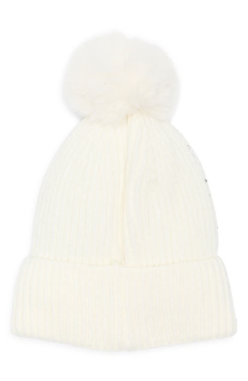 Nanette Lepore Scattered Rhinestone Beanie With Faux Fur Pompom In White