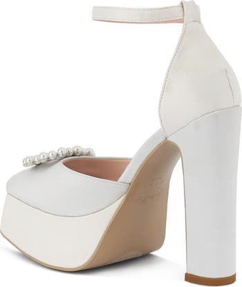 Maeissa Pearly Brooch Ankle Strap Platform Pump