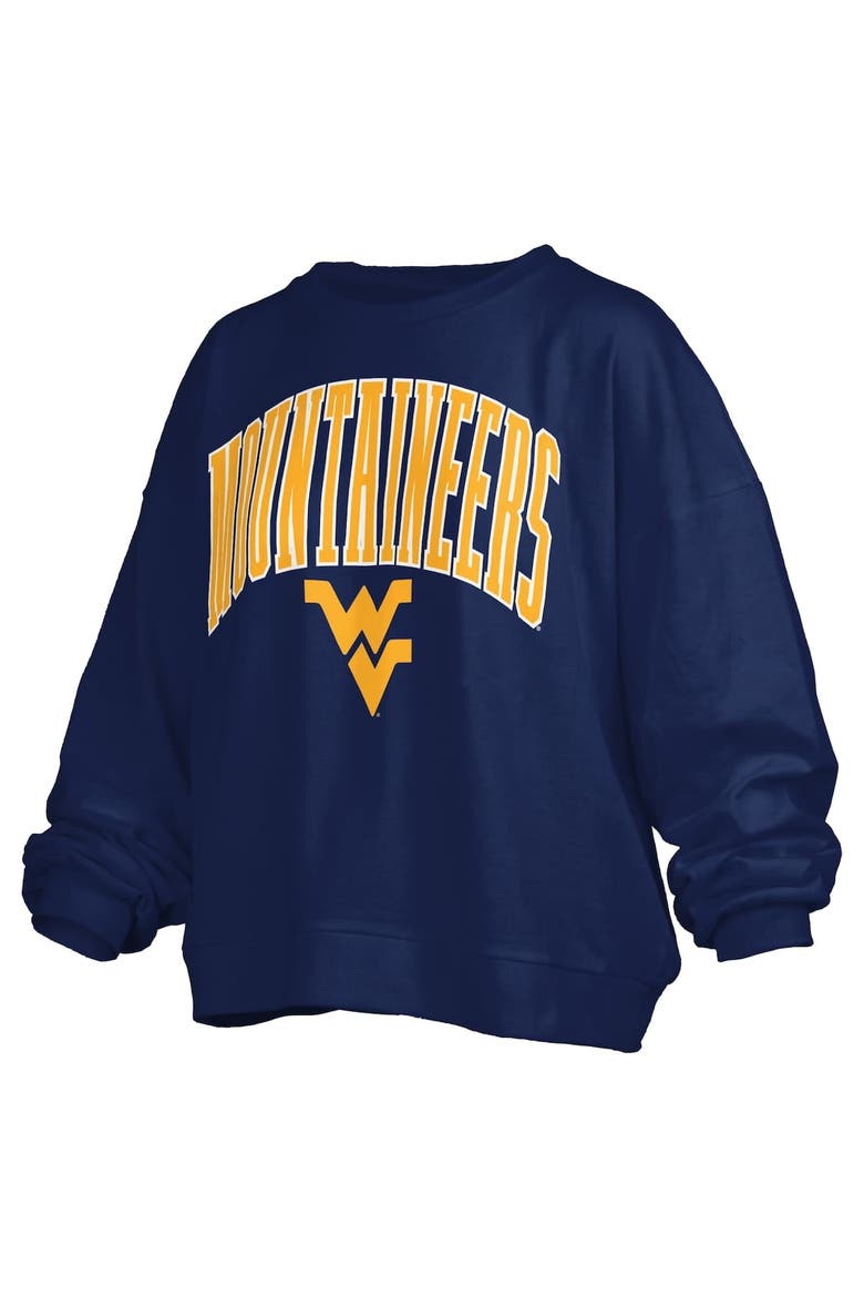 Women's Pressbox Navy West Virginia Mountaineers Janise Arch Over Logo Waist Length Oversized Pullover Sweatshirt, Alternate, color, Navy
