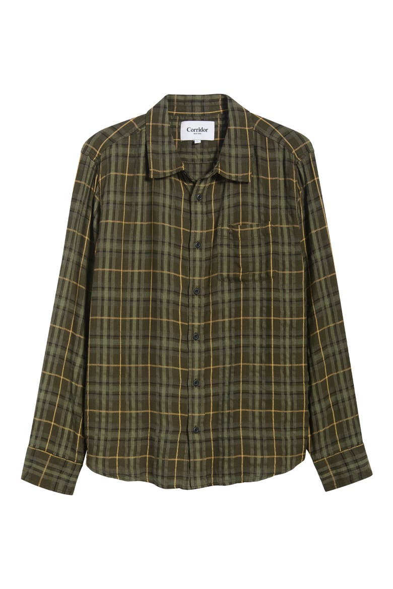 Crinkle Plaid Cotton Blend Button-Up Shirt, Alternate, color, OLV