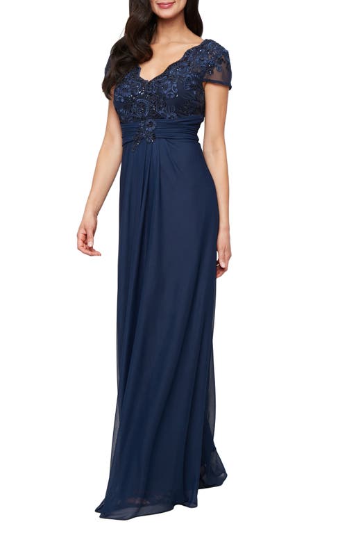Alex Evenings Sequin Lace Bodice Gown In Navy