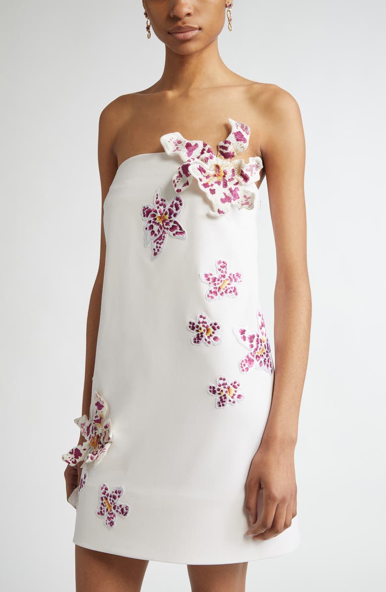Oscar de la Renta Orchid Embroidered Strapless Cocktail Dress, Alternate, color, 
