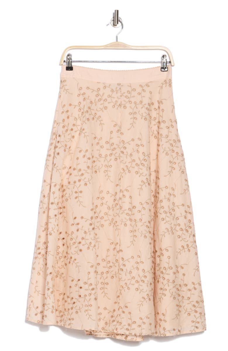 T Tahari Embroidered Eyelet Cotton Midi Skirt, Alternate, color, Blush/ Tan