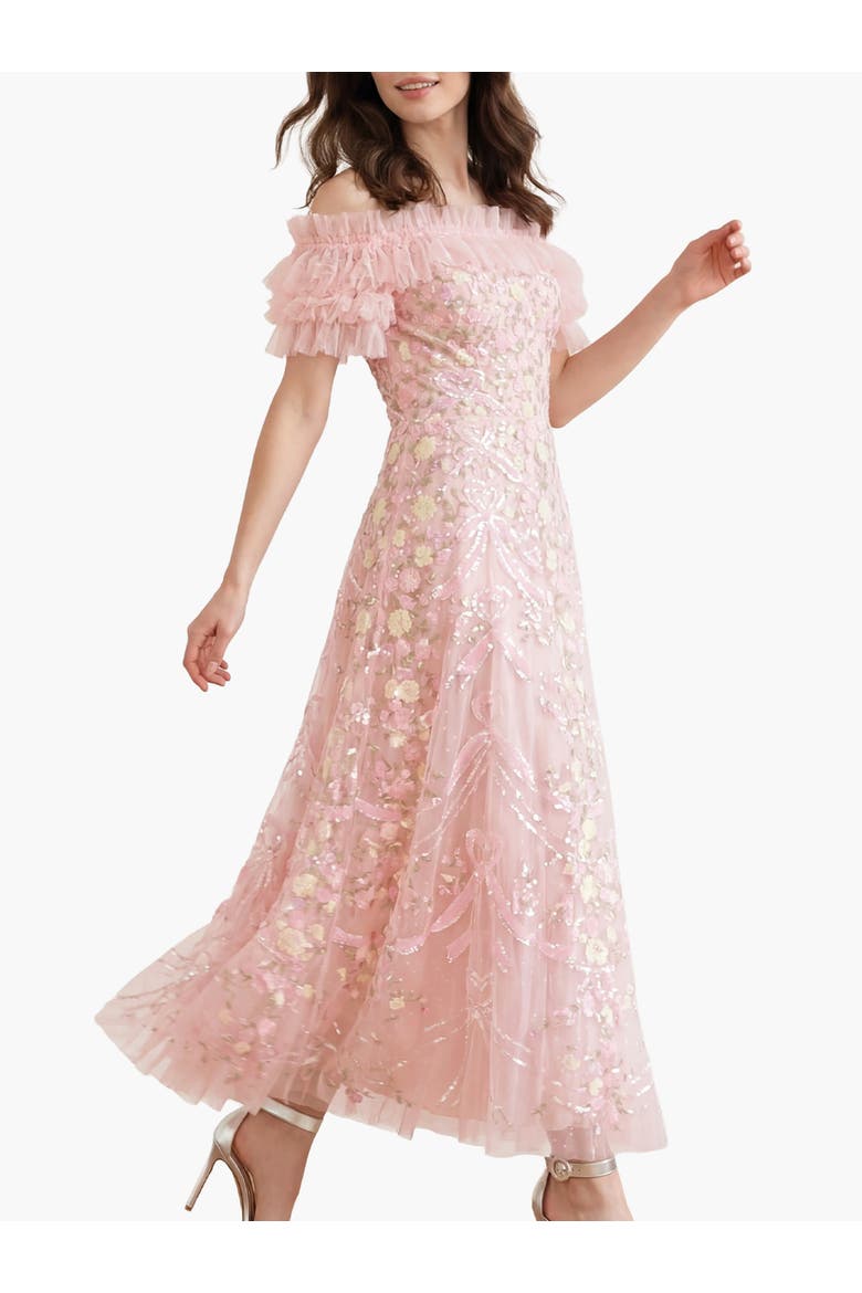 Ribbon Heart Off-shoulder Ankle Gown, Main, color, Peony Pink/Multi