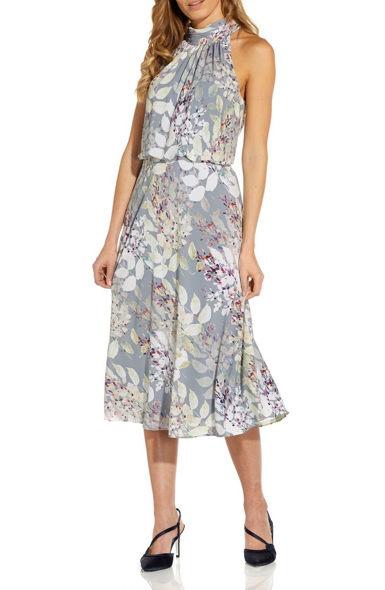 Adrianna Papell Watercolor Floral Halter Neck Chiffon Midi Dress, Main, color, 