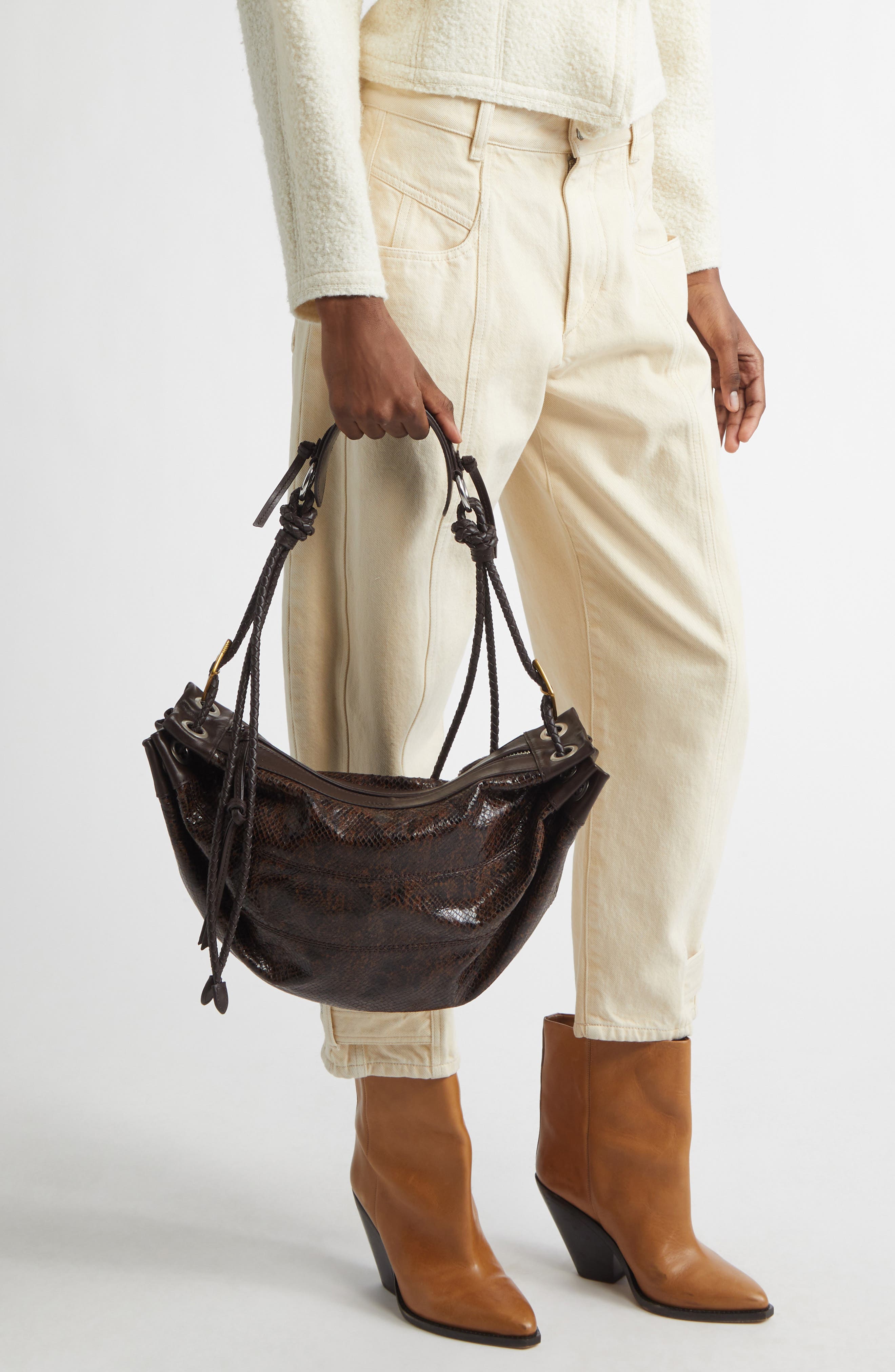 Medium Maia Snakeskin Embossed Leather Shoulder Bag, Alternate, color, MOCHA