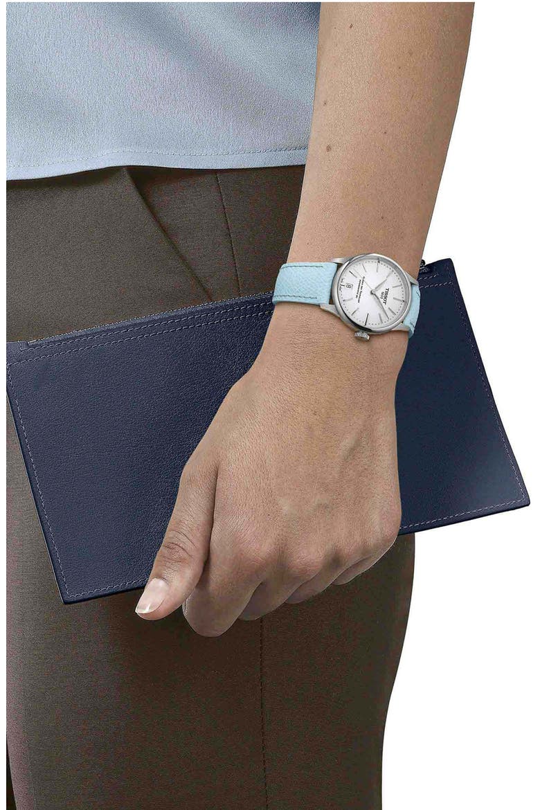 Chemin des Tourelles Powermatic 80 Leather Strap Watch, 34mm, Alternate, color, BLUE