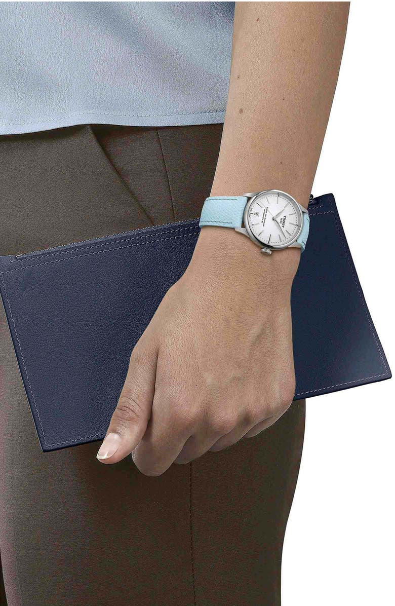 Tissot Chemin des Tourelles Powermatic 80 Leather Strap Watch, 34mm, Alternate, color, Blue