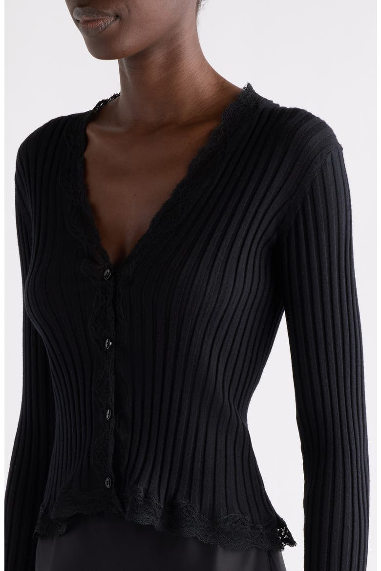 Rib Cardigan with Lace Trim, Alternate, color, NOIR