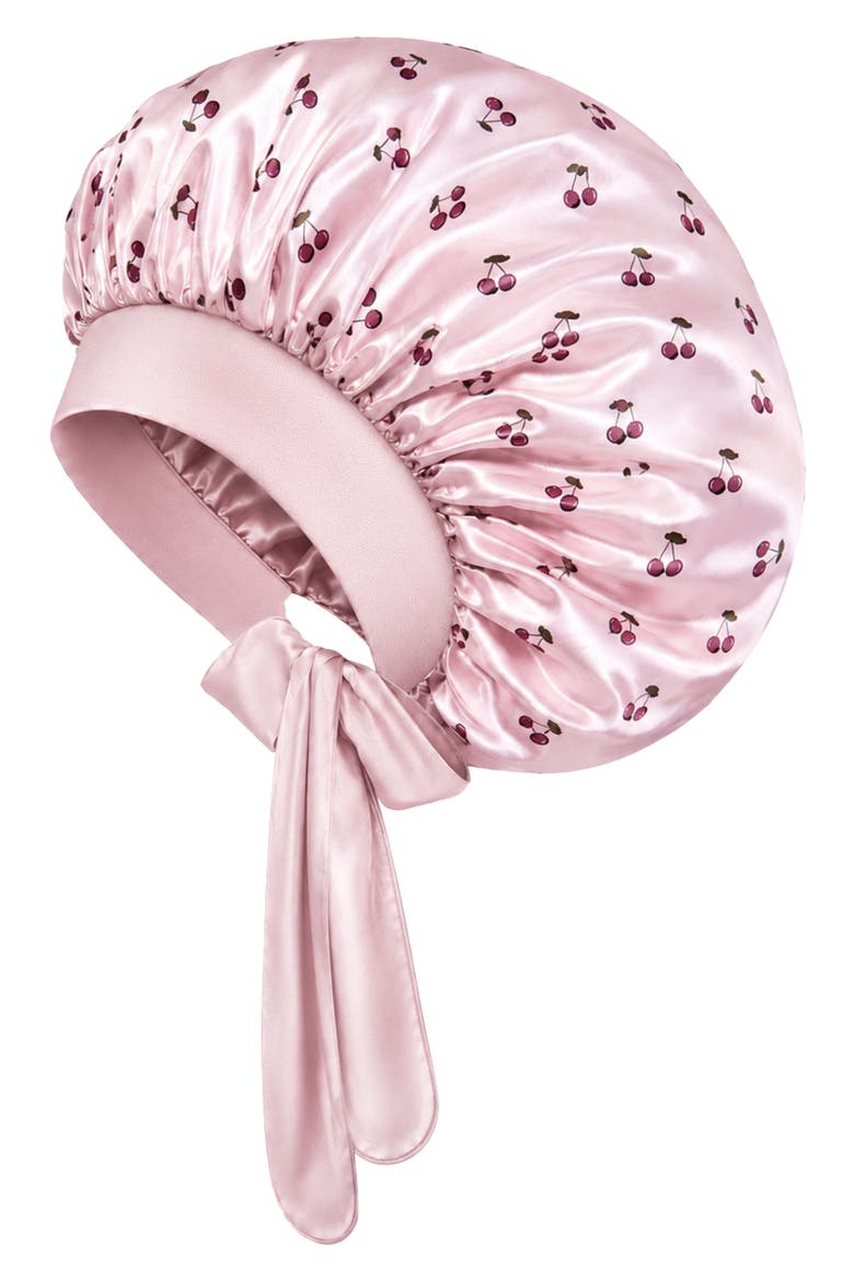 Cherry Print Satin Bonnet, Main, color, BLUSH/ PINK
