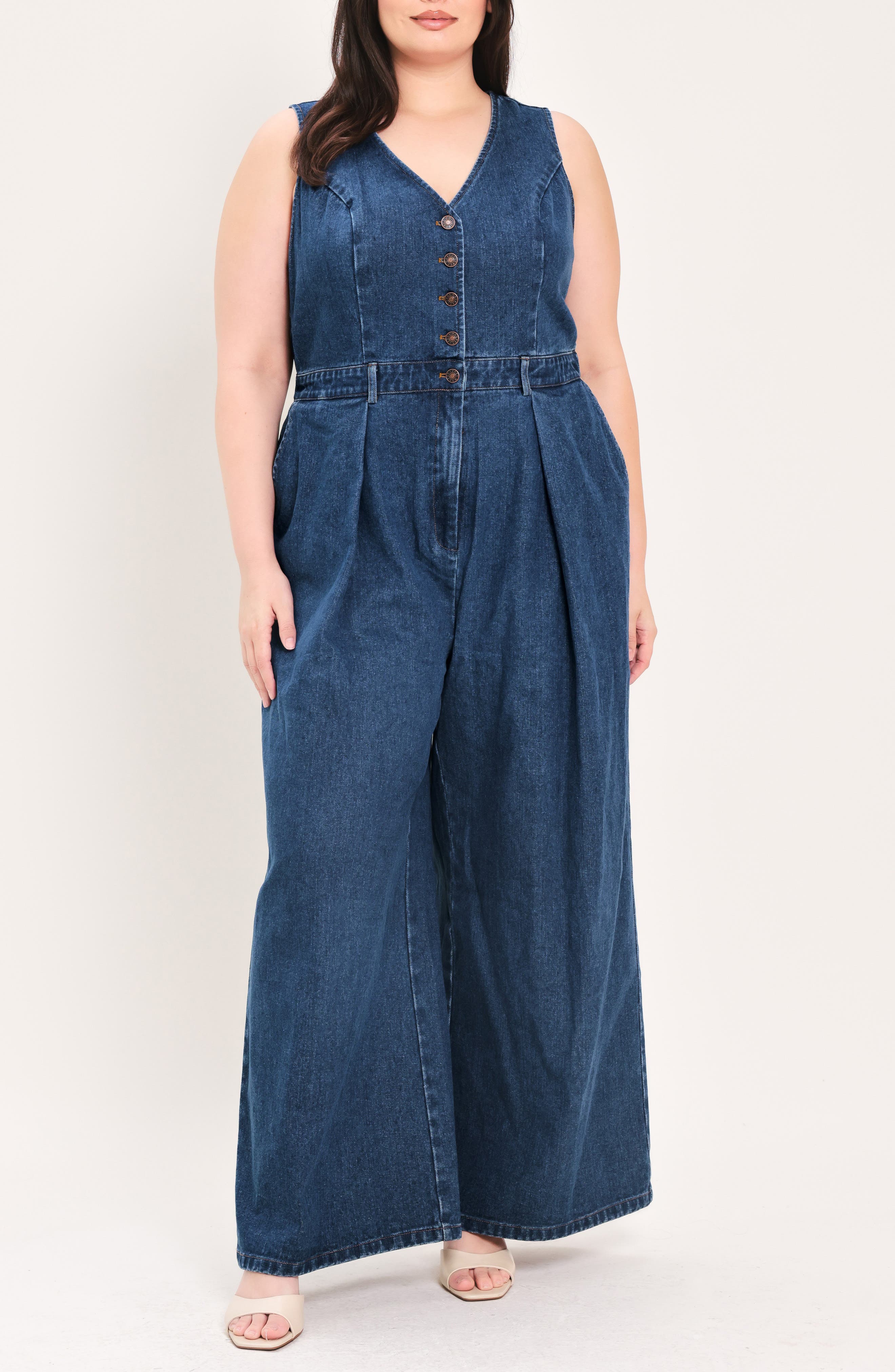 Pleated Wide Leg Denim Jumpsuit