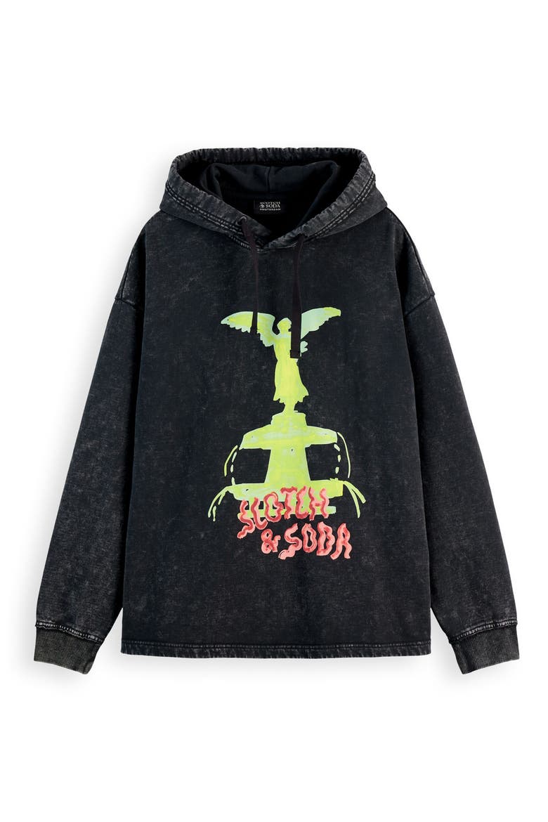 Relaxed Fit Washed Artwork Cotton Hoodie, Alternate, color, BLACK