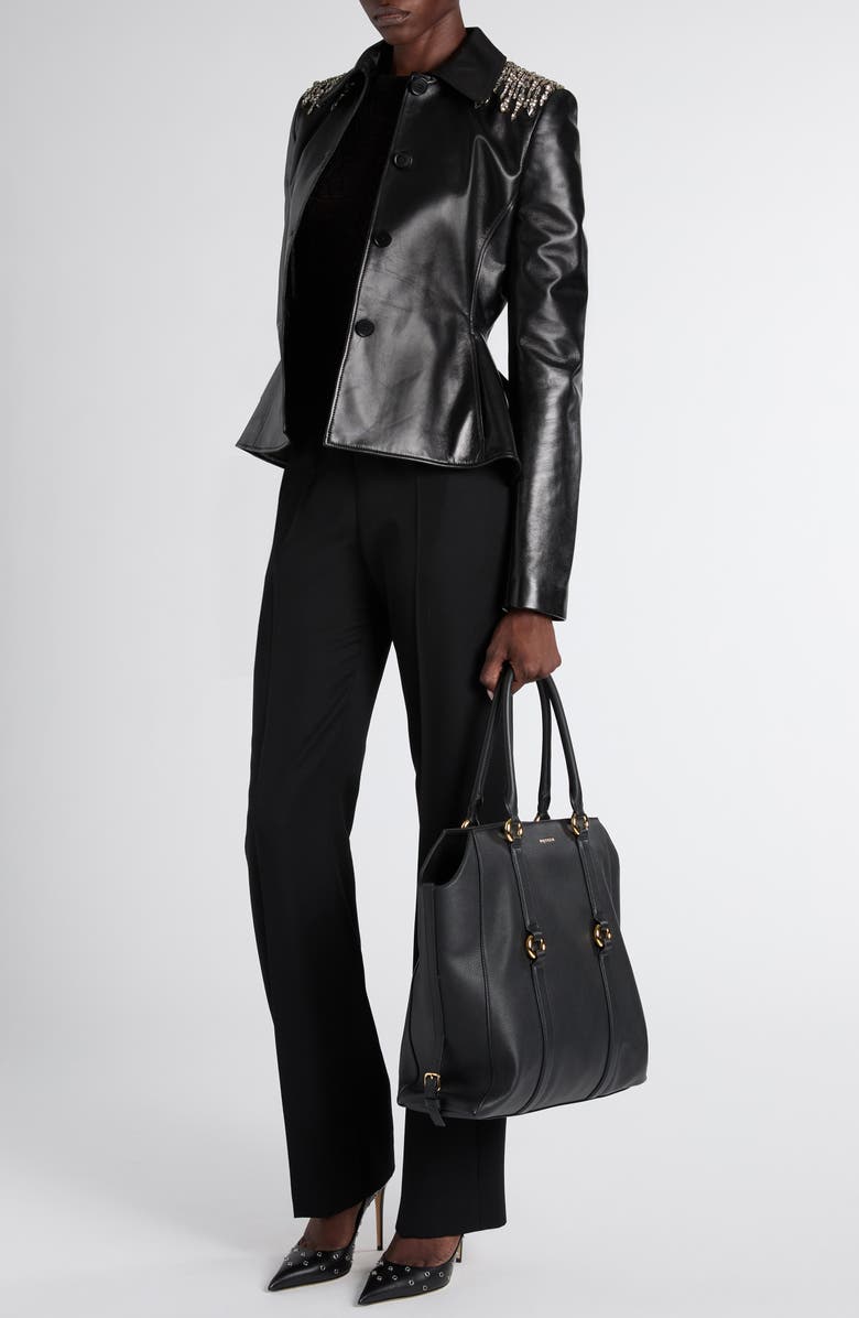 McQueen Crystal Embroidered Leather Peplum Jacket, Alternate, color, Black