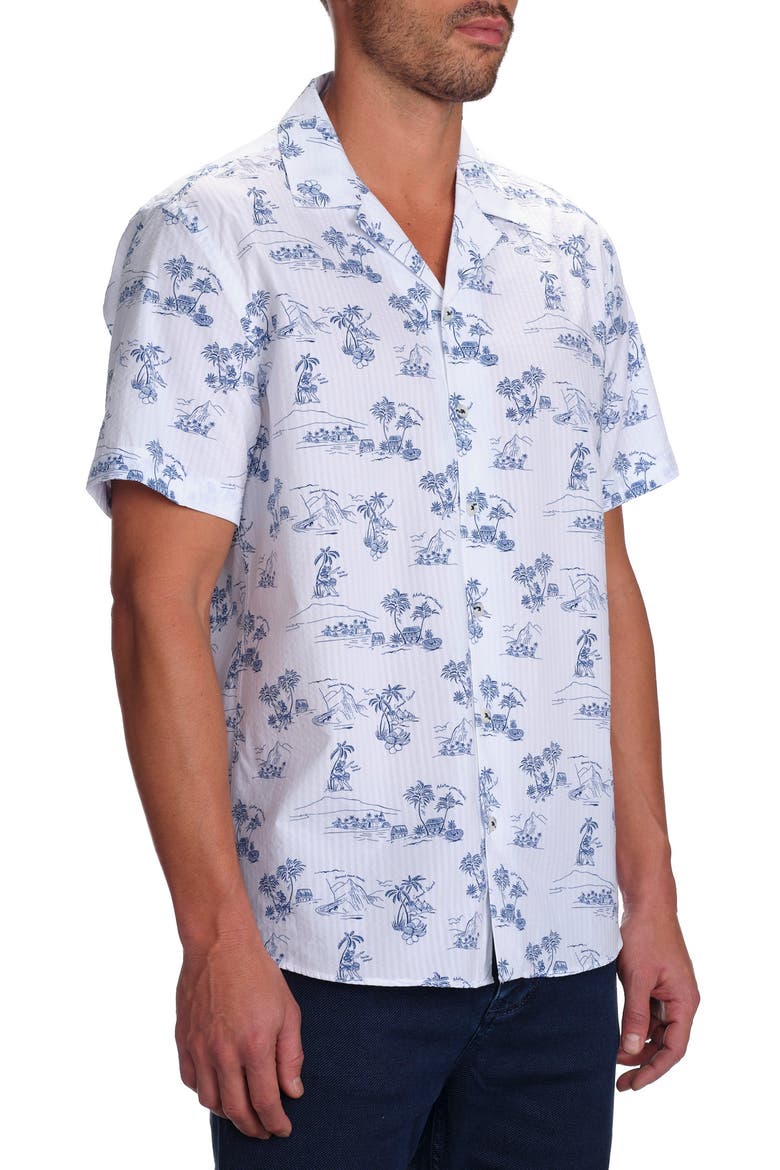 Slim Fit Tropical Island Cotton Seersucker Camp Shirt, Alternate, color, LAKE