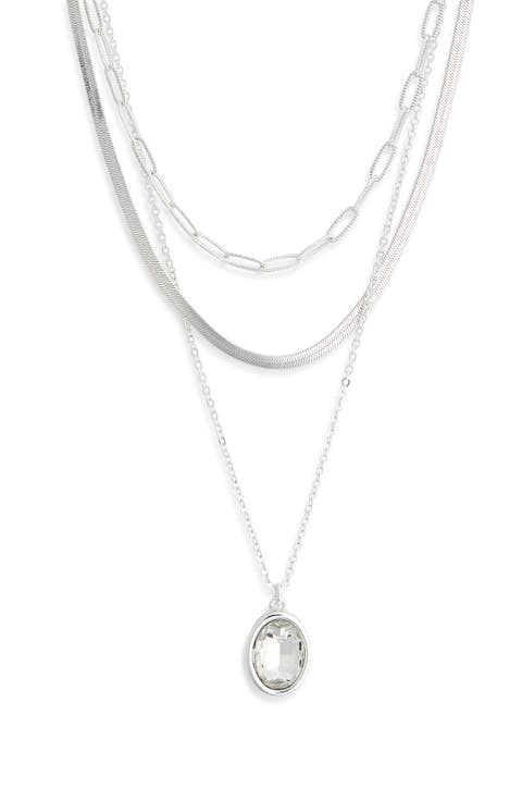 Oval Crystal Pendant Triple Row Necklace