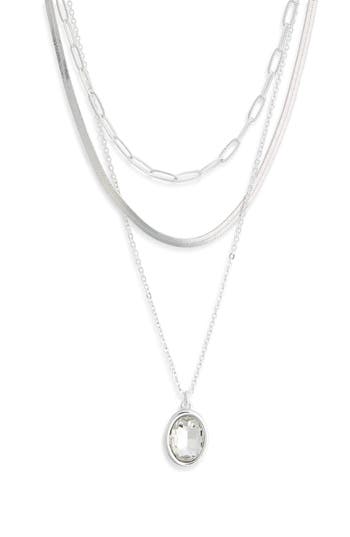 Nordstrom Rack Oval Crystal Pendant Triple Row Necklace In Silver