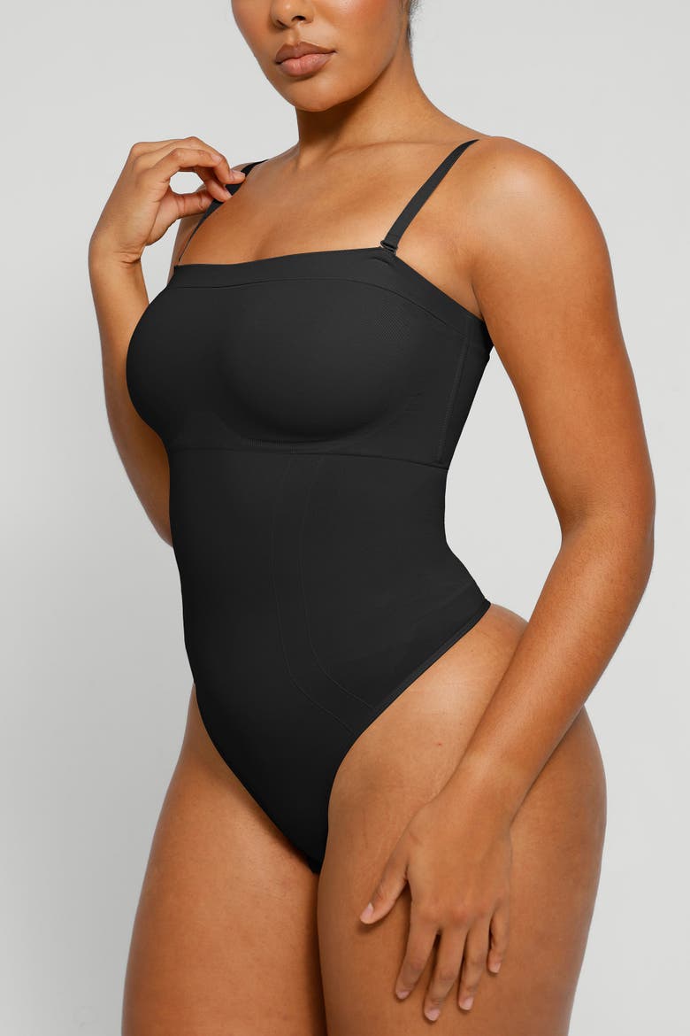 Skin Flow Strapless Sculpt Thong Bodysuit, Alternate, color, Black