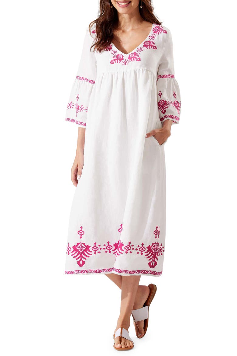 St. Lucia Embroidered Bell Sleeve Midi Cover-Up Dress, Main, color, WHITE