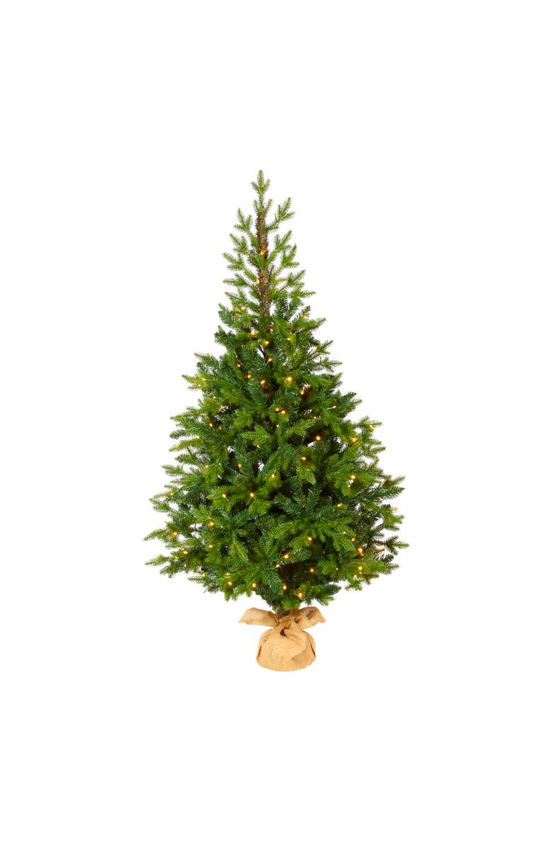 NEARLY NATURAL 5-ft Fraser Fir Natural Look Artificial Christmas Tree with 190 Clear LED Lights, a Burlap Base and 1217 Bendable Branches, Main, color, Green