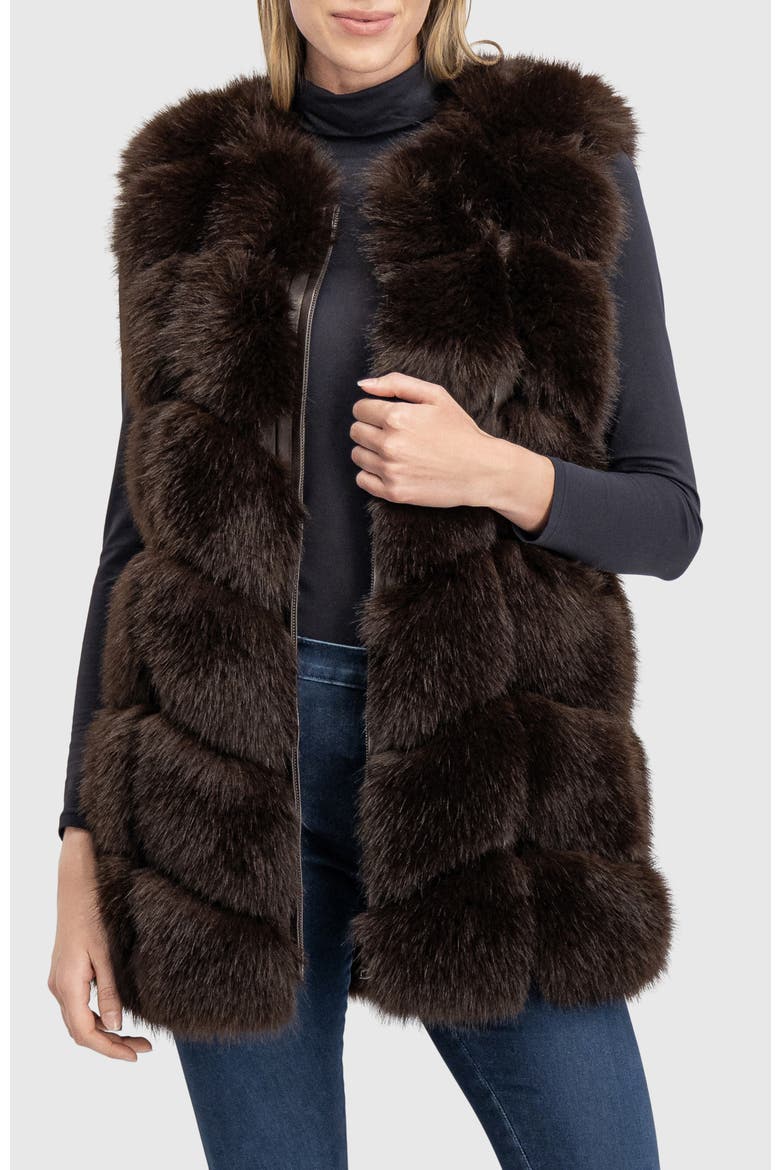 Fur-Free Fox (Faux Fur) Chevron Vest, Main, color, BROWN