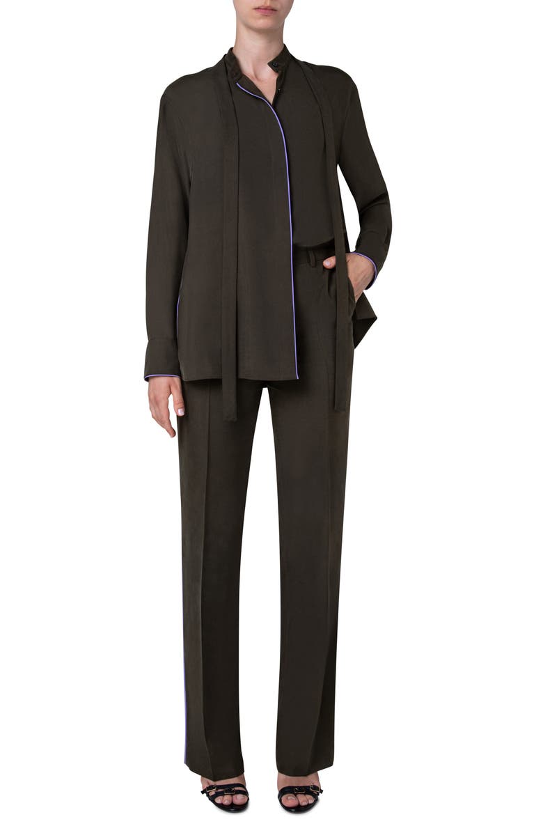 Akris Contrast Piping Silk Crepe Button-Up Shirt, Alternate, color,