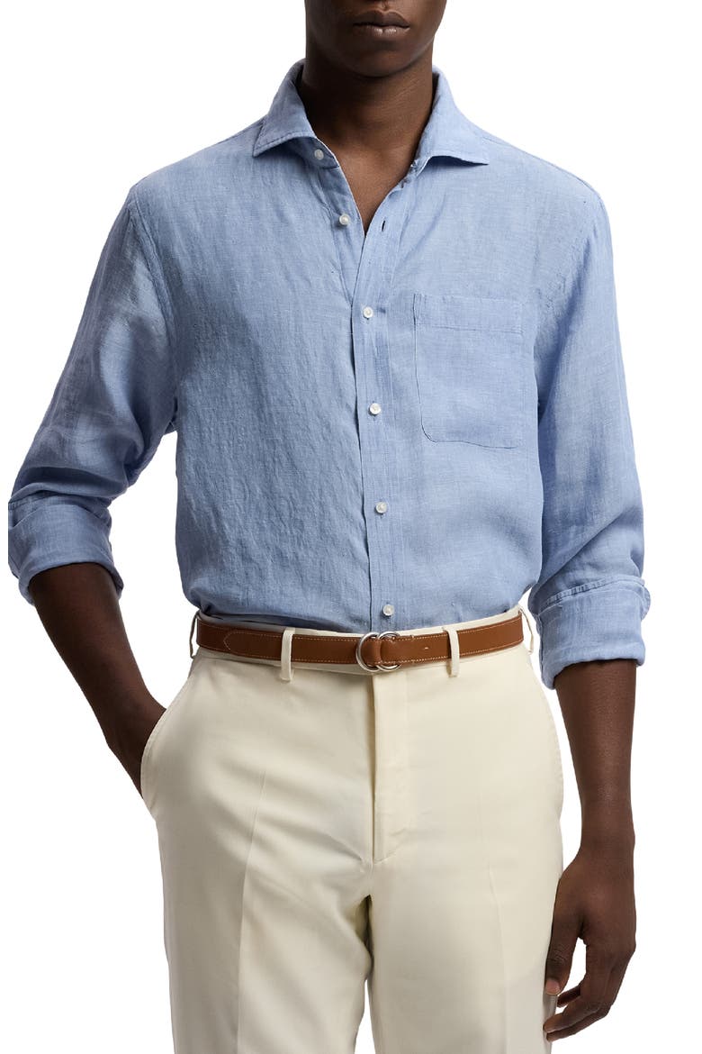 Lightweight Linen Chambray Button-Up Shirt, Main, color, INFINITY BLUE