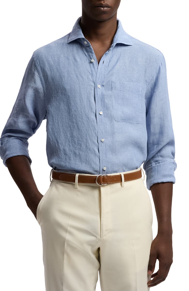 Ralph Lauren Purple Label Lightweight Linen Chambray Button-Up Shirt, Main, color, Infinity Blue