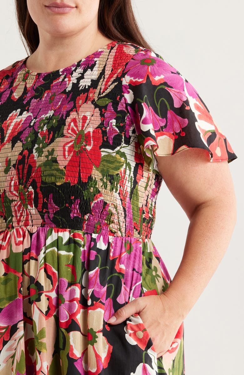 Anne Klein Floral Smocked Flutter Sleeve Cotton Maxi Dress, Alternate, color, Anne Black Multi