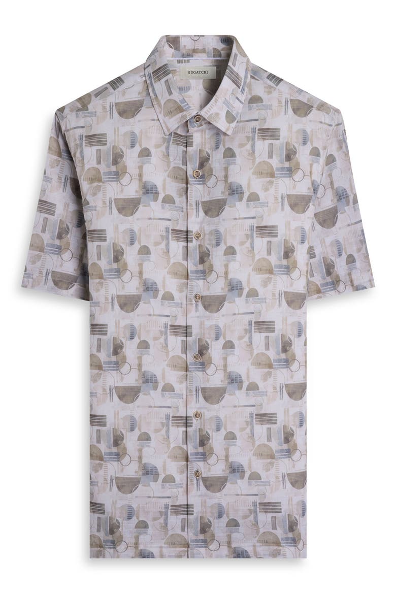 Vero Shaped Fit Geometric Print Short Sleeve Button-Up Shirt, Alternate, color, KHAKI